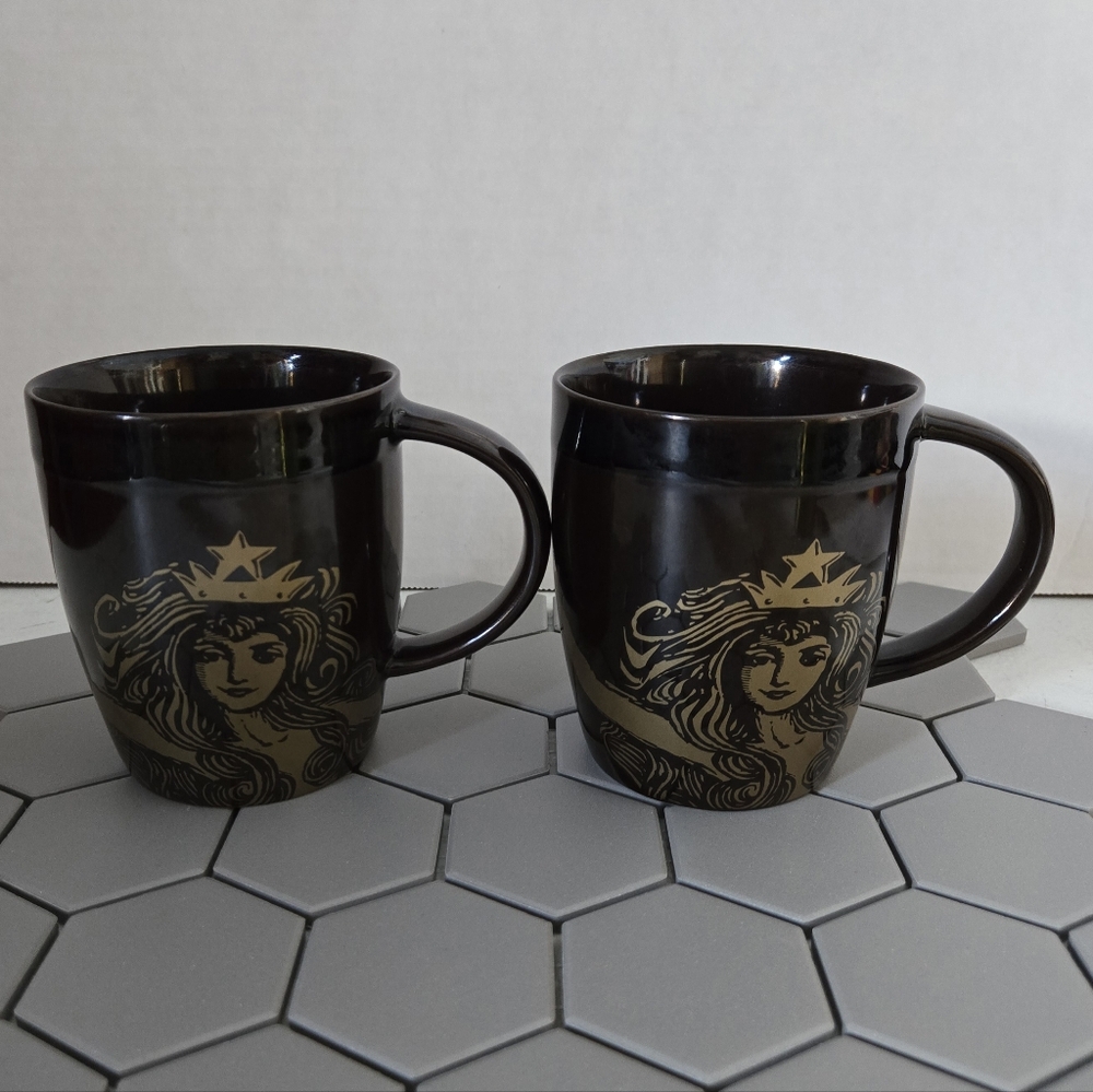 Starbucks 2012 Anniversary Brown and Gold Siren Coffee Mugs Set-12 Oz